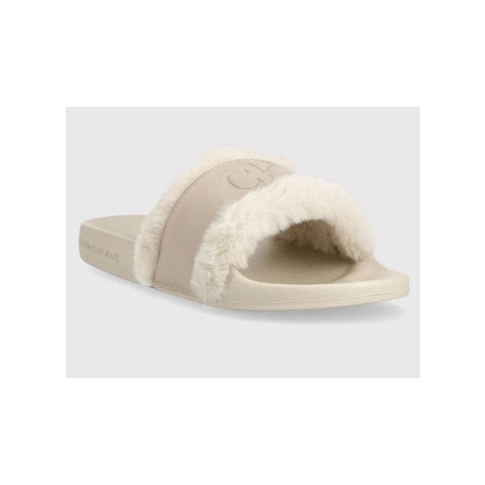 CK klapki Slide3 W/Fake Fur beżowy 